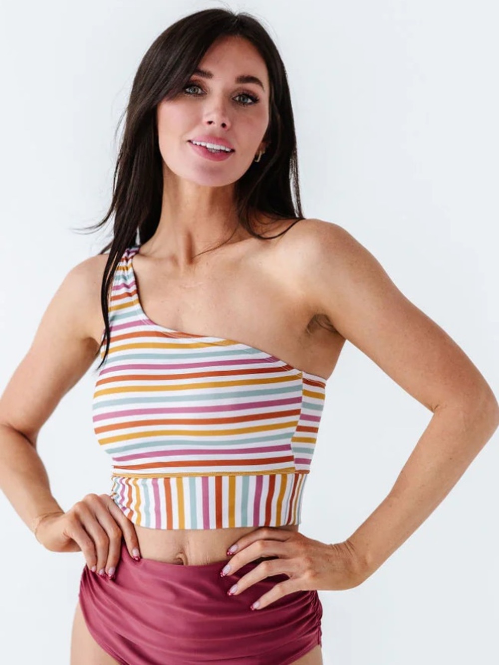 Livy & Kate Kokomo Crop One Shoulder Stripped Swim Top Sz L